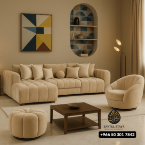 Luxurious Beige Velvet L-Shaped Sofa – A Touch of Elegance for Your Home