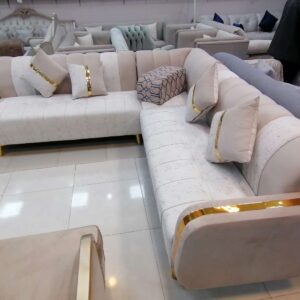 Luxury modern L-shaped sofa with golden touches – the best baytul stayr interiors  Riyadh