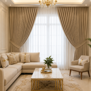 Luxurious Modern Curtain with L-Shape Sofa Set – Contemporary Riyadh Style
