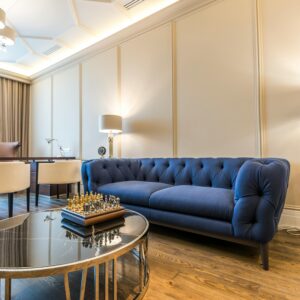 Luxury Royal Blue Majlis Sectional Sofa with Gold Accents | Premium Riyadh Living Room Furniture